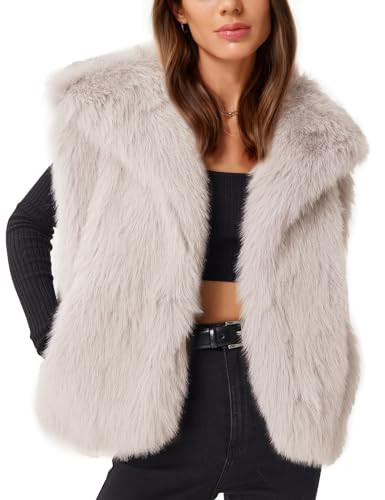 Flygo Womens Faux Fur Vest Fuzzy Lapel Collar Sleeveless Jackets Winter Warm Fluffy Open Front Shaggy Outerwear Vests(Beige-L) | Amazon (US)