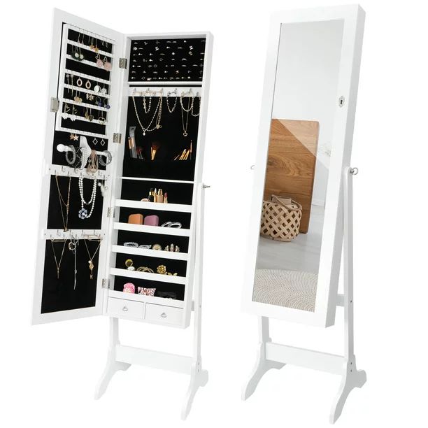 Zenstyle Full Length Mirror Jewelry Cabinet Free Standing Armoire Storage Organizer White | Walmart (US)