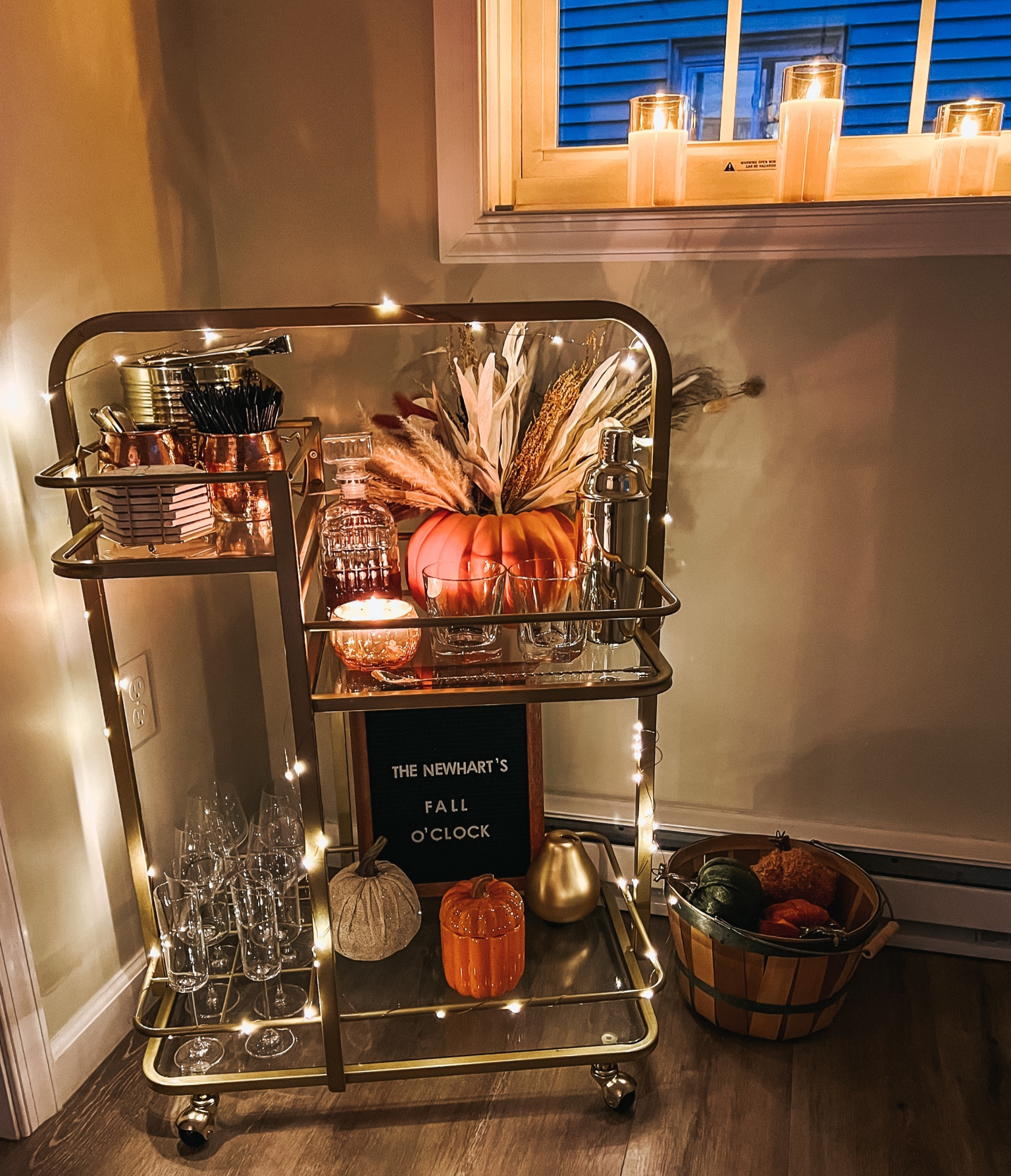 FALL BAR CART 🍂 Decor and bar accessories are from Amazon, Home Goods, The Dollar Store, and Hobby Lobby! Linked everything that I got and similar items that I couldn’t find the direct link for! Bart cart, fall bar cart, fall decor, pumpkins, Pompas, letter board, pumpkin candle, cocktails, wine glasses, whiskey glasses, champagne flutes, gold martini shaker, gold ice bucket, amazon decor

#LTKHoliday #LTKSeasonal #LTKhome