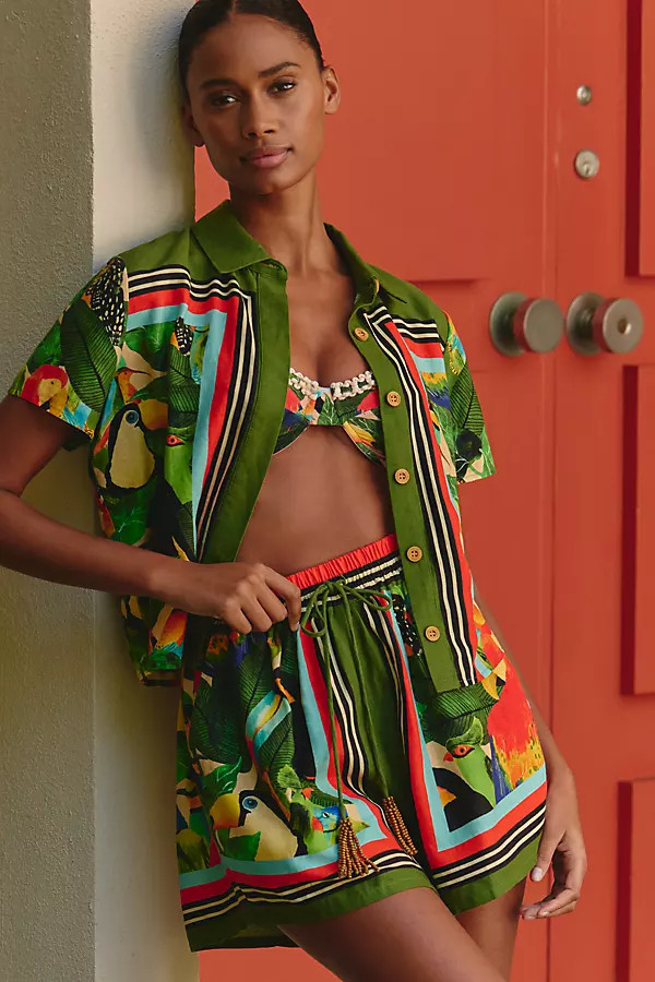 Farm Rio Bird Leaves Short-Sleeve Buttondown Shirt | Anthropologie (US)