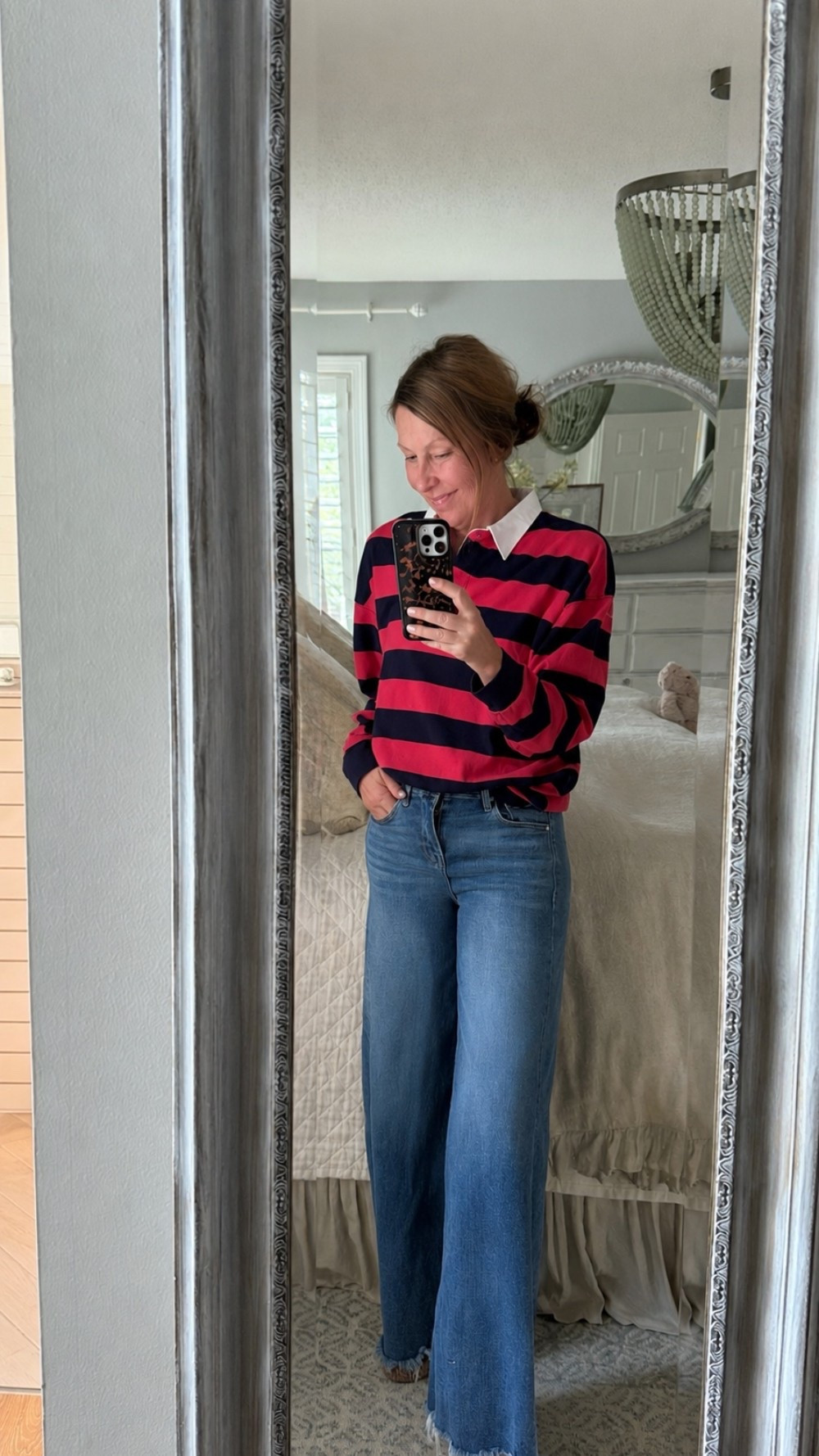 Striped rugby shirt 
Comfy wide leg jeans

#LTKootd