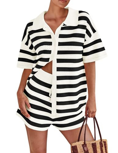 PRETTYGARDEN Women's 2 Piece Shorts Sets Casual Summer 2025 Short Sleeve Striped Sweater Set Matc... | Amazon (US)