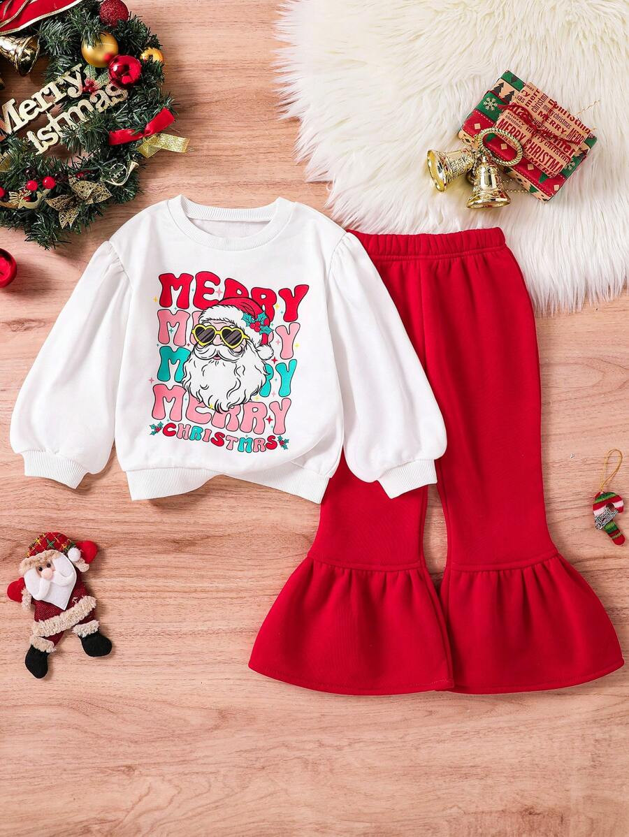 Girls Toddler Red Christmas Outfit Set - Featuring A Fleece Sweatshirt With A Fashionable Santa C... | SHEIN