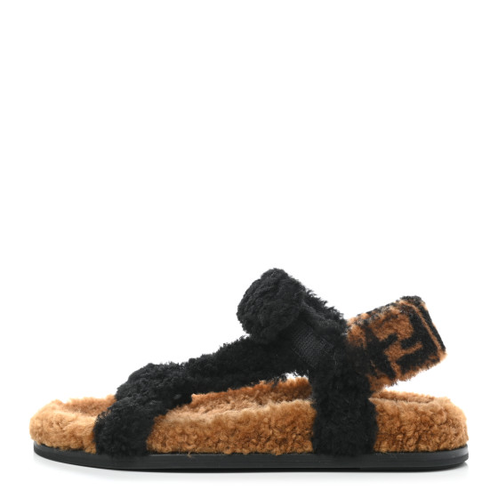 FENDI Shearling FF Fendi Feel Sandals 38 Tobacco Black | FASHIONPHILE (US)