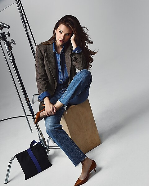 Mini Houndstooth Long Slim Blazer | Express