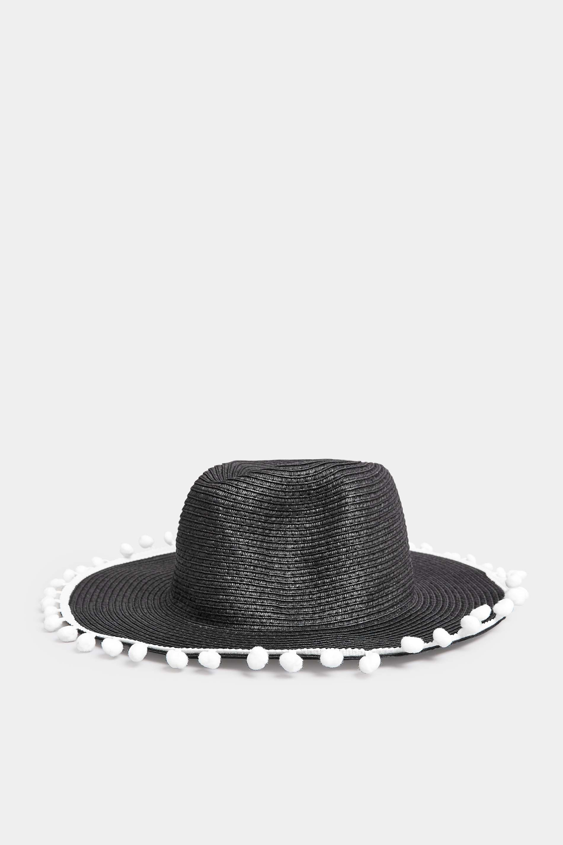 Black Pom Pom Straw Fedora Hat | Yours Clothing UK