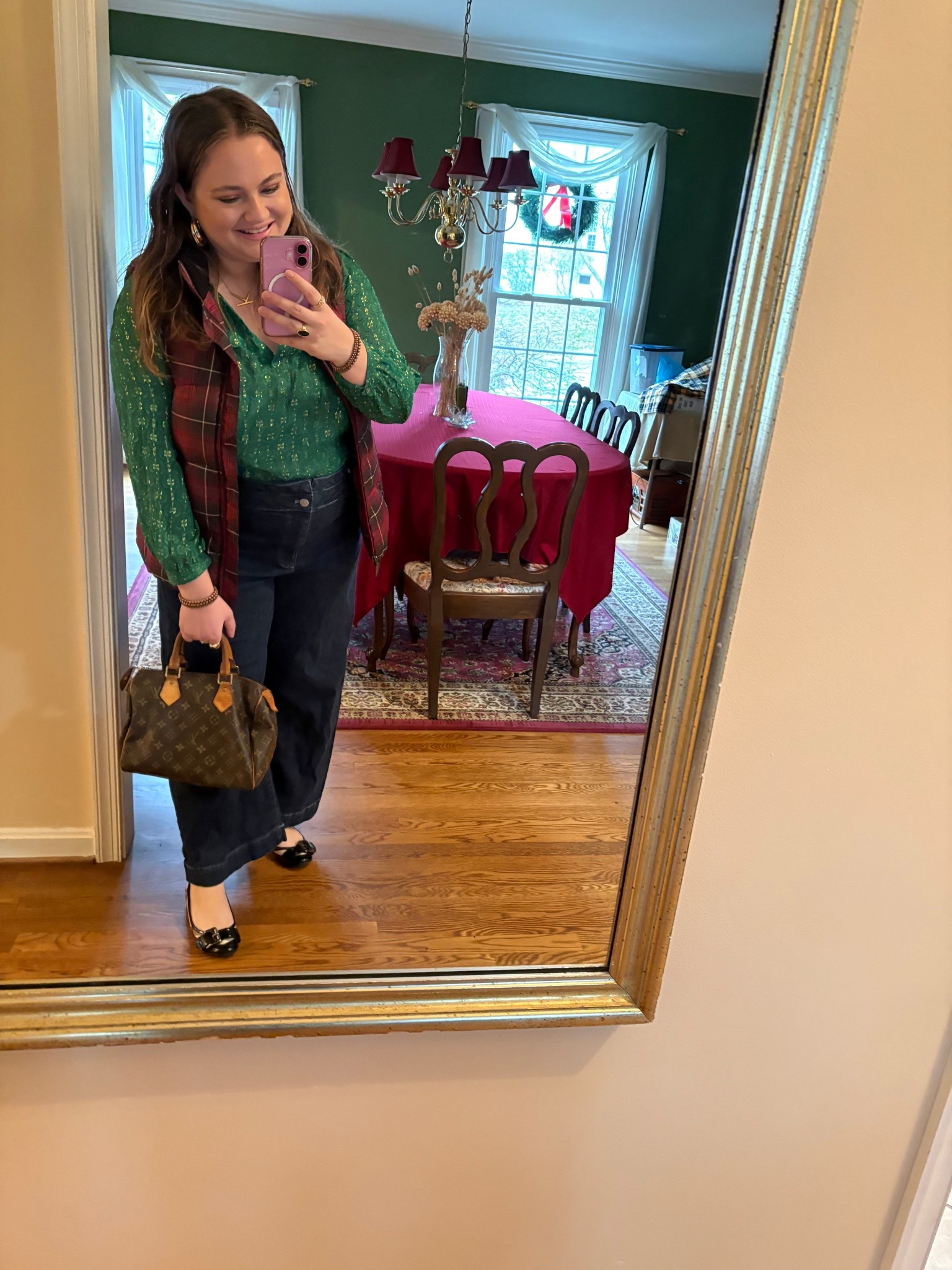 December 21, 2025 OOTD! 

Wide Leg Jeans • Dark Wash Jeans • Jeans • Green Blouse • Holiday Blouse • Tartan Vest • Tartan 

#LTKootd #LTKHoliday #LTKSeasonal