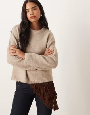 Gina Tricot crew neck knit wool alpaca sweater in beige melange | ASOS (Global)