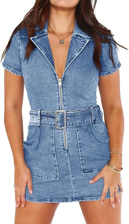 Wenrine Womens Summer Denim Dresses Bodycon Zipper Front Belted Sexy Mini Casual Dress with Pocke... | Amazon (US)