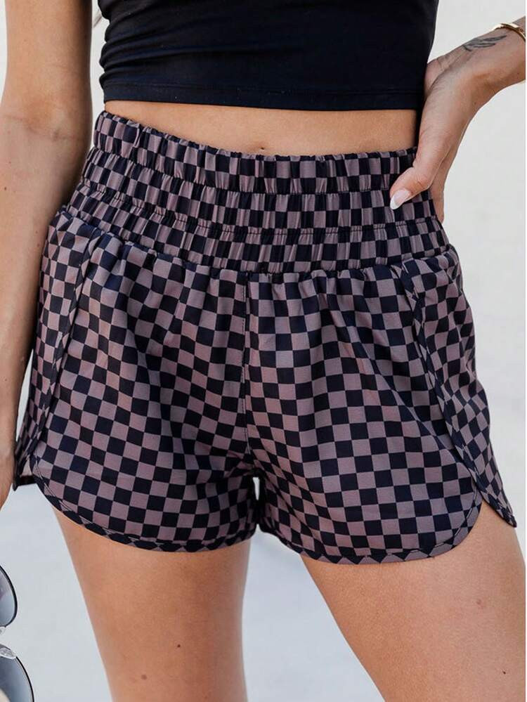 Acelitt Women's Plaid & Leopard Print High Waist Straight Leg Slit Casual Shorts, Suitable For Beach & Holiday Black Summer | SHEIN