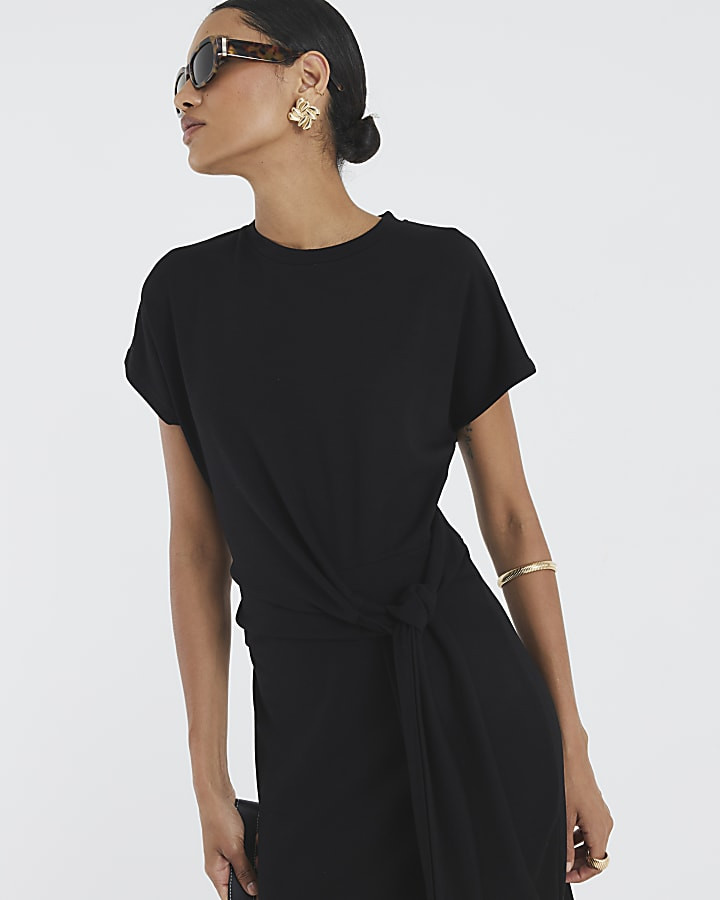 Black Premium Short Sleeve Knot Midi Dress | River Island UK & IE