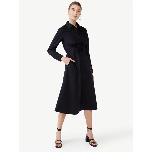 Scoop Women's Side Knot Poplin Midi Shirt Dress with Long Sleeves, Sizes XS-XXL - Walmart.com | Walmart (US)