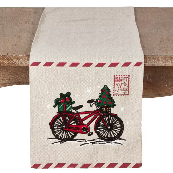 72"x13" Christmas Table Runner With Holiday Bicycle And Stamp Design Natural - Saro Lifestyle | Target