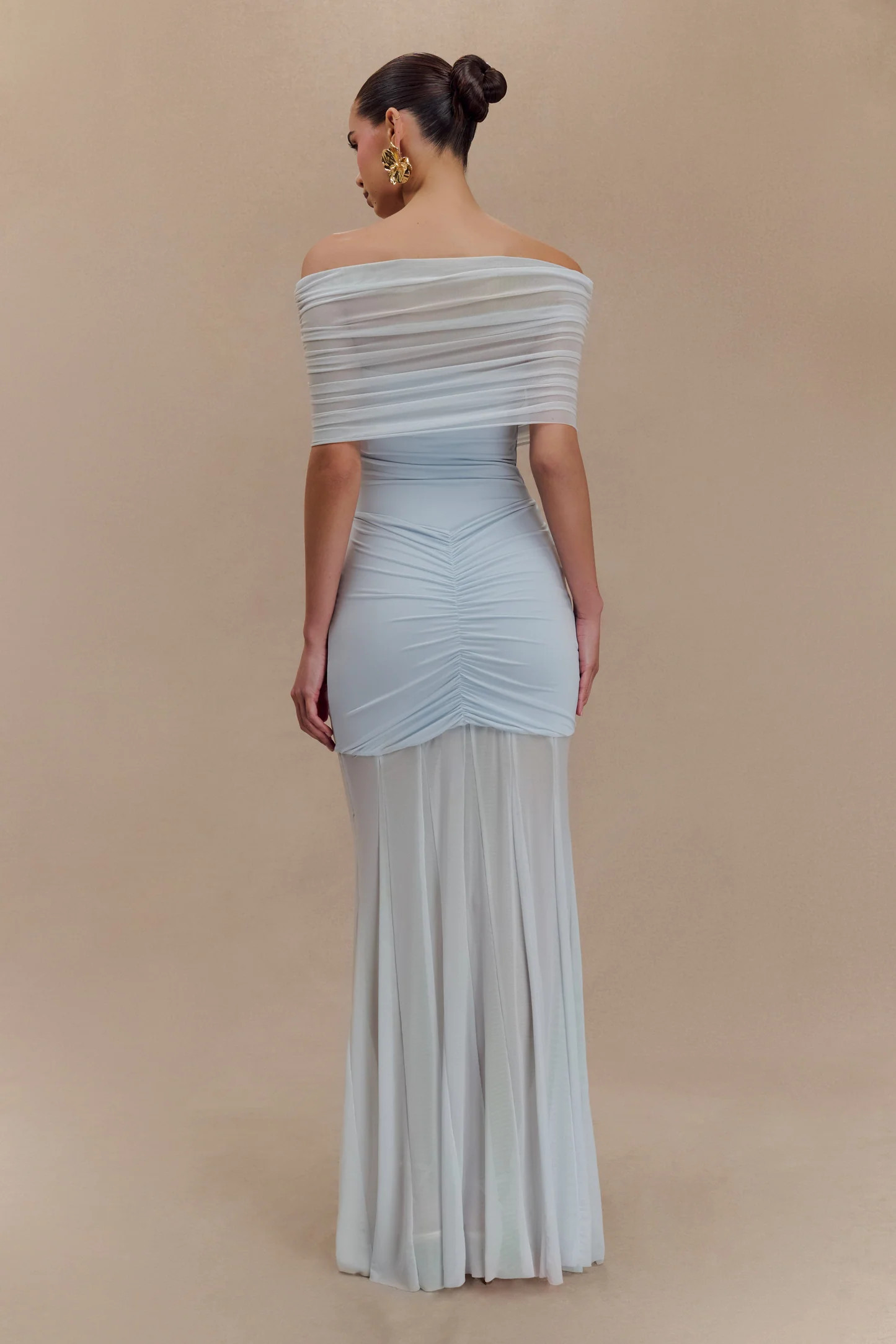 Slinky And Mesh Off Shoulder Maxi Dress - Pale Blue | MESHKI US