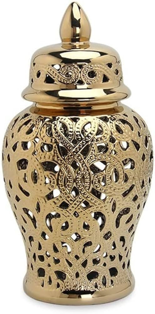 ARTLINE Vase Ginger Jar for Home Decor, Decorative Ceramic Temple Jar with Lid, Carved Lattice Go... | Amazon (US)