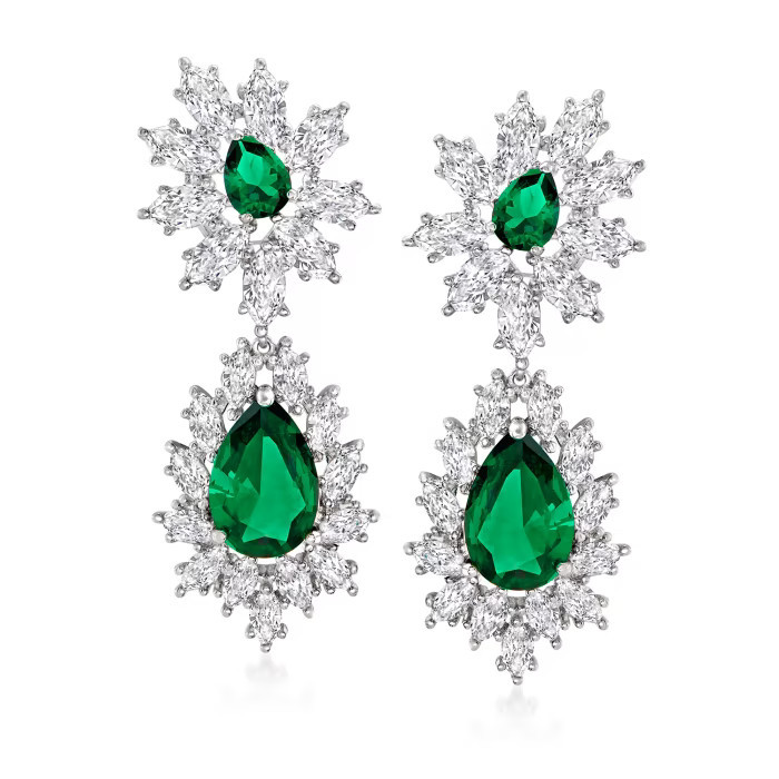 15.50 ct. t.w. CZ and 12.00 ct. t.w. Simulated Emerald Drop Earrings in Sterling Silver | Ross-Simons