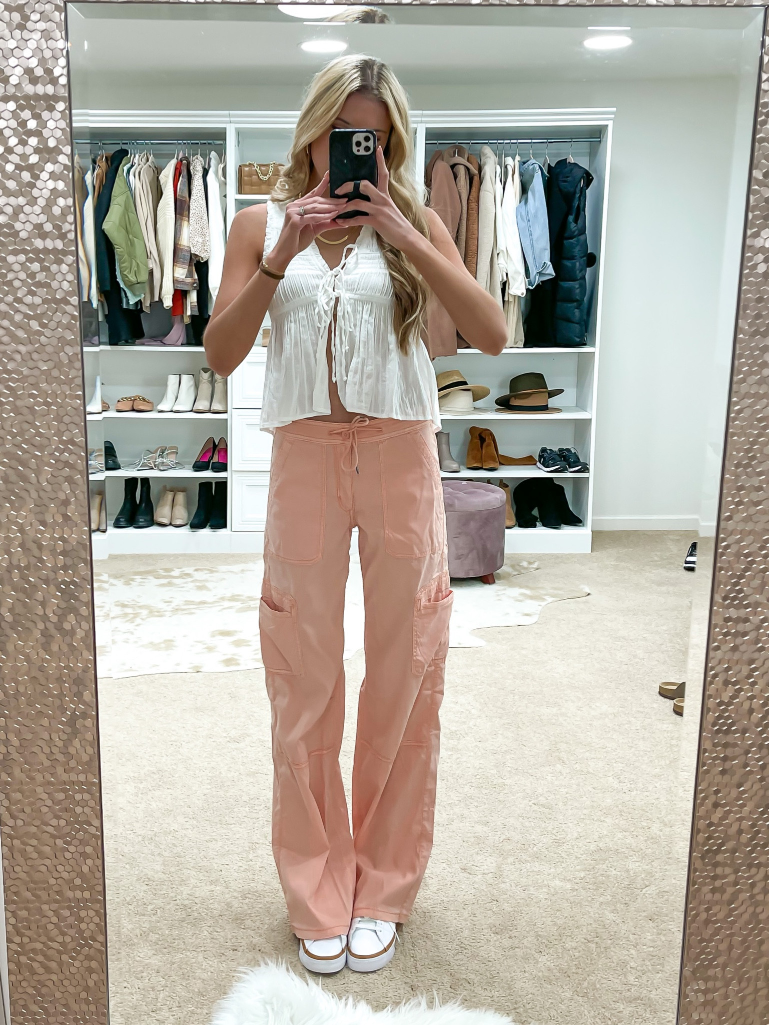 Spring outfit. Aerie outfit. American eagle cargo pants. White blouse. Nike court sneaker. 

#LTKunder50 #LTKSale #LTKsalealert