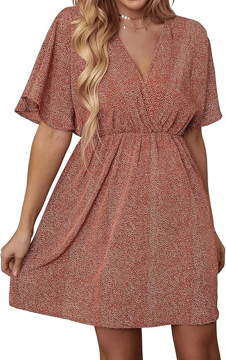 Romwe Women's Short Sleeve V Neck All Over Print High Waist A Line Summer Short Dress | Amazon (US)