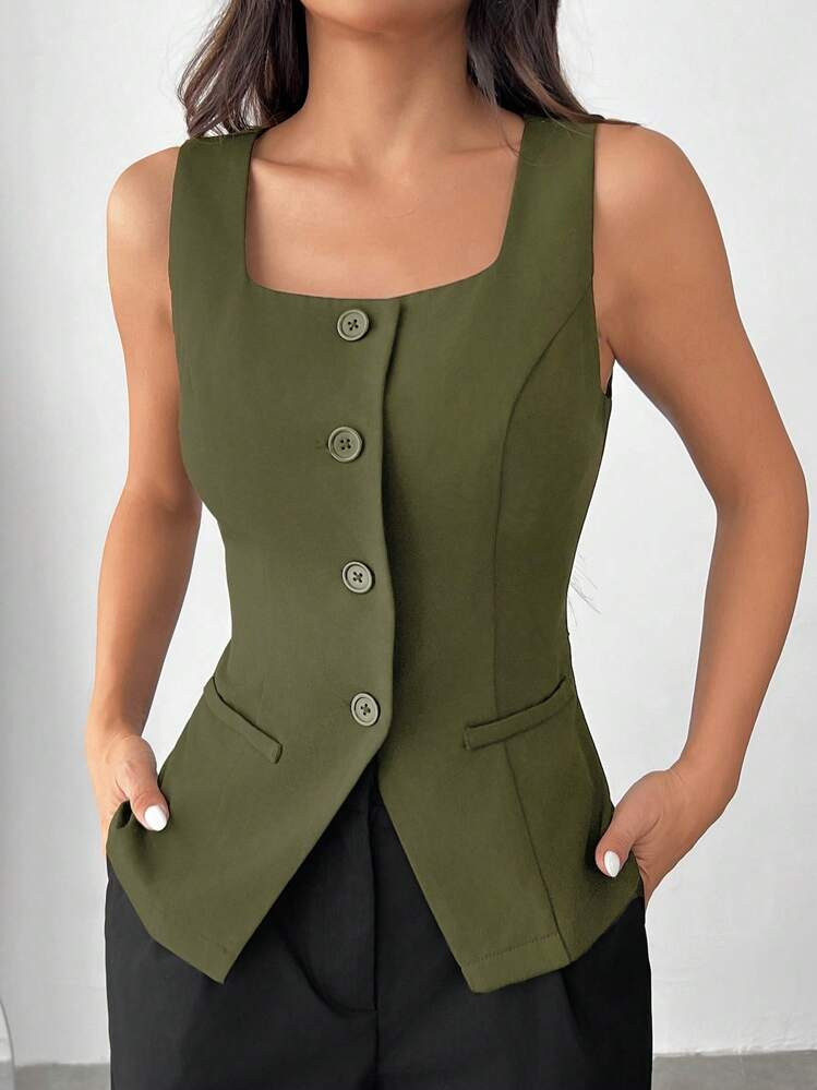 SHEIN EZwear Olive Green Woven Slim Fit Women's Suit Vest Jacket In Fall/Winter | SHEIN