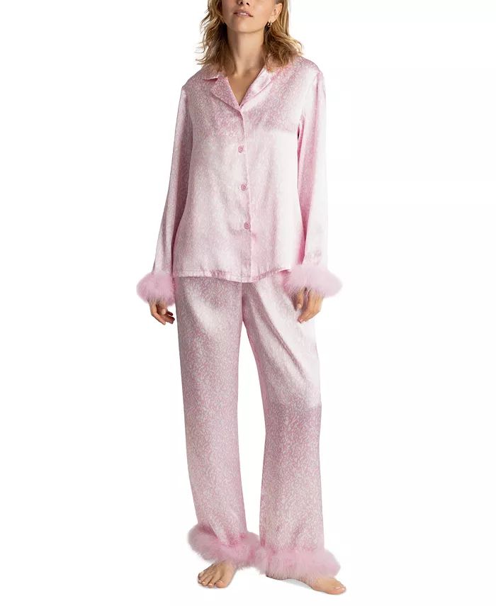 Women's Printed Long-Sleeve Marabou-Trim Pajama Set | Macy's