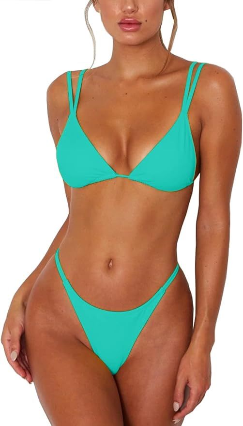 ForBeautyShe Women's Sexy Thong Bottom Two Piece Bikini Double Shoulder Straps Cute Swimsuit Tria... | Amazon (US)