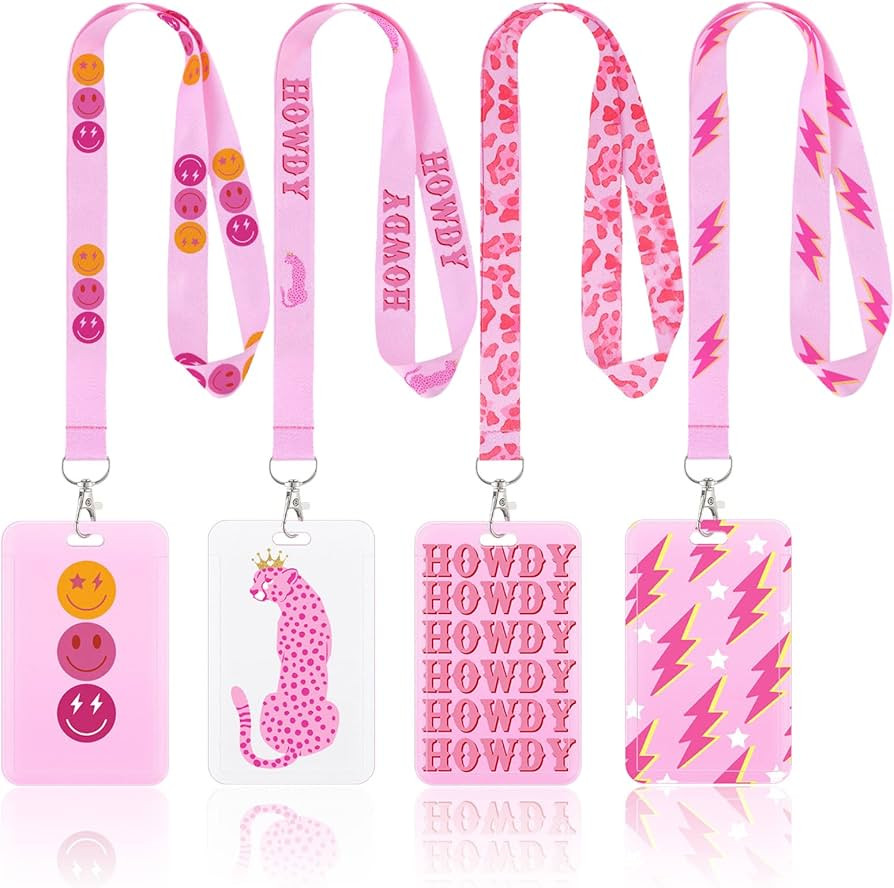 4 Pack Preppy ID Badge Holder with Lanyard Preppy Lanyard with Clip Clasp Hard Card Case Pink Bac... | Amazon (US)
