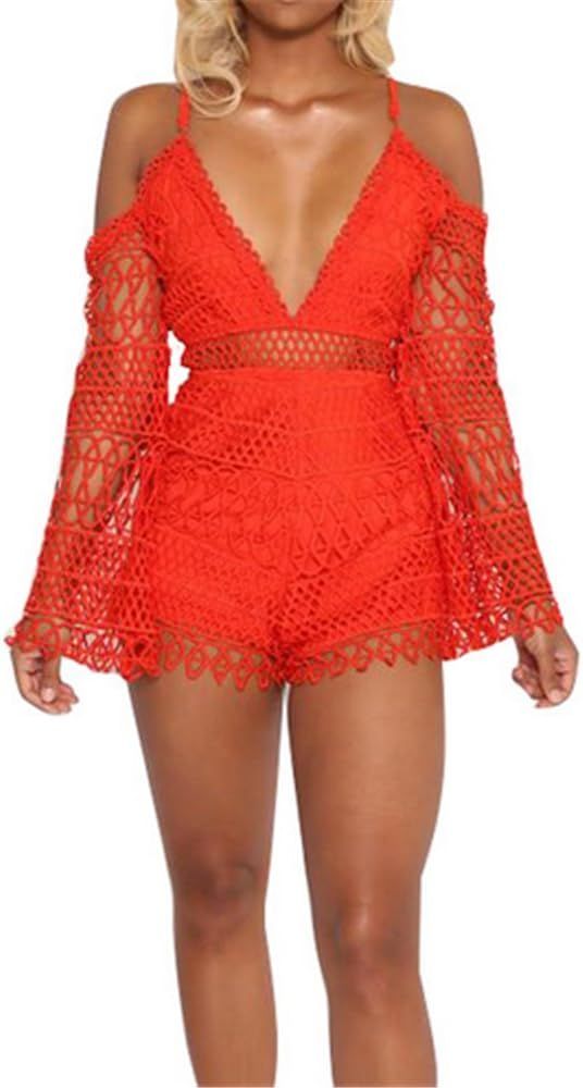 Vamvie Womens Lace Spaghetti Strap Off Shoulder Jumpsuit Long Sleeves Short Pants Romper | Amazon (US)