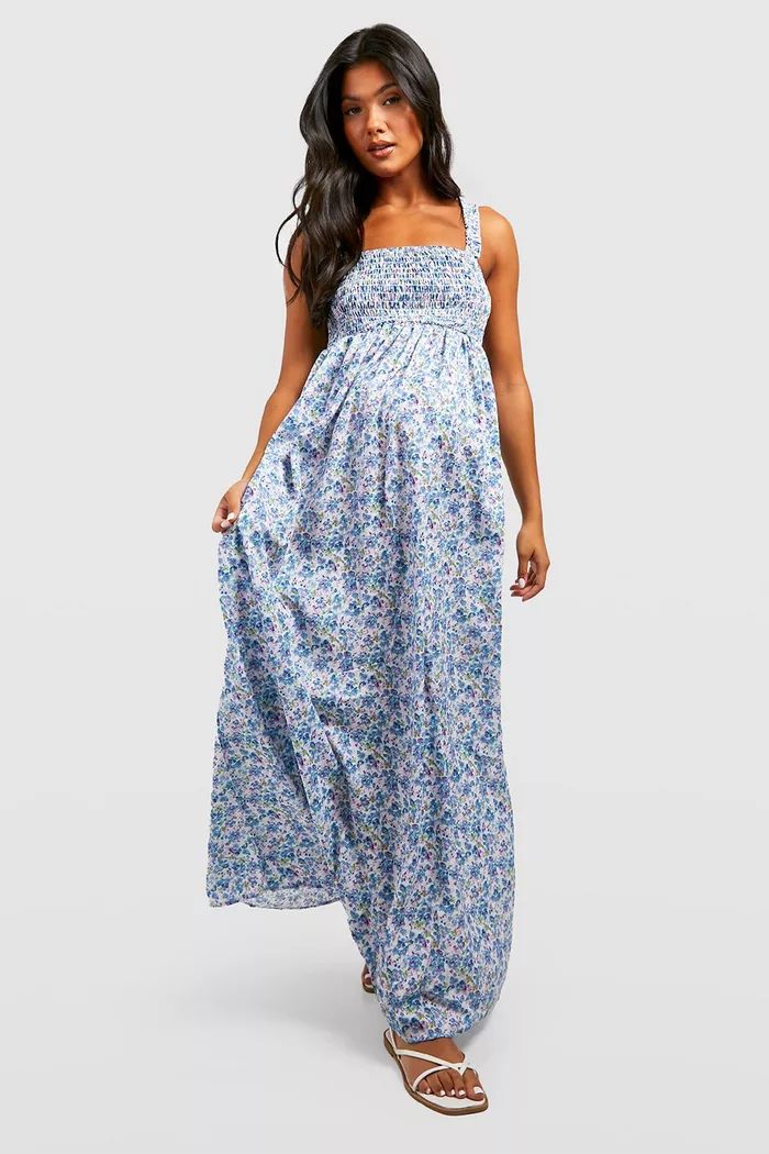Maternity Floral Shirred Maxi Dress | boohoo (US & Canada)