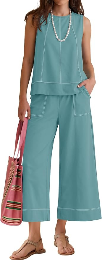 LOMON Two Piece Sets for Women Summer Outfits Sleeveless Tank Tops Wide Leg Crop Pants Matching L... | Amazon (US)