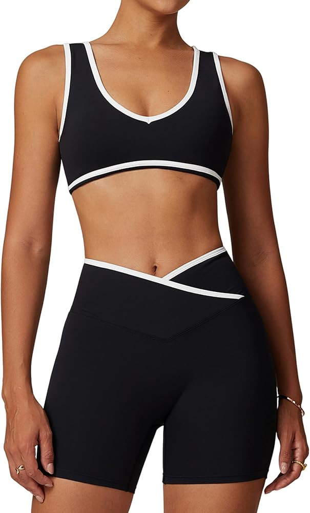 Two Piece Workout Sets for Women Color Block Sports Bra and Scrunch Butt Lifting Shorts Gym Yoga ... | Amazon (US)