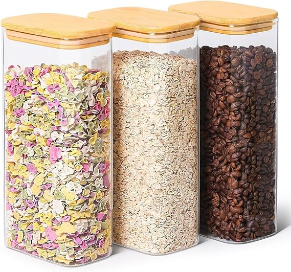 ComSaf 2 Qt Rectangle Glass Storage Containers with Lids, Glass Jars with Bamboo Lids, Clear Food... | Amazon (US)