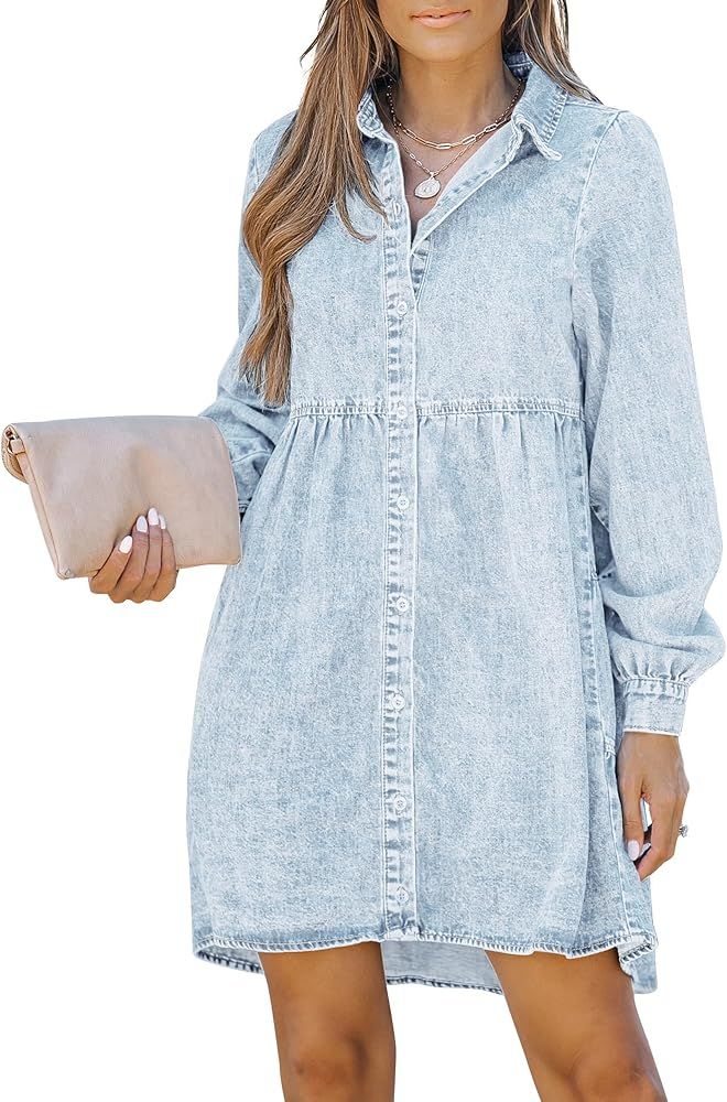 LookbookStore Long Sleeve Denim Dress for Women Jean Dress Button Down Casual Babydoll Denim Shir... | Amazon (US)