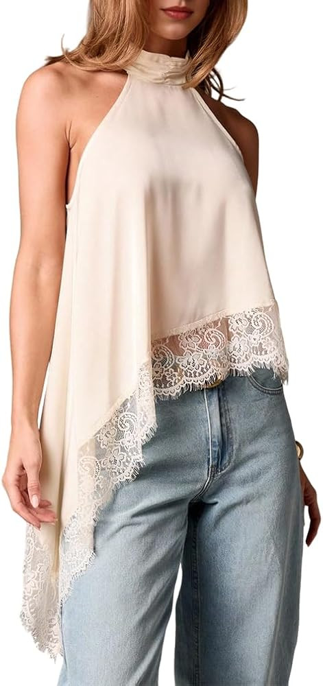 Women Y2k Satin Sleeveless Mock Neck Lace Trim Tank Top Elegant Backless Asymmetric Hem Going Out... | Amazon (US)