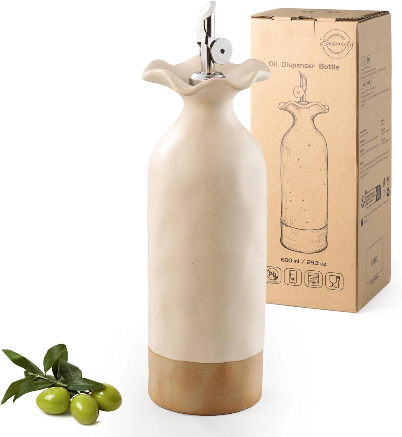 20 oz Olive Oil Dispenser Bottle with Gravity Spout, Ceramic Oil Bottles for Kitchen, Soy Sauce Dispenser, Leakproof, Opaque Cruet Protects to Reduce Oxidation (Cheese Color) | Amazon (US)