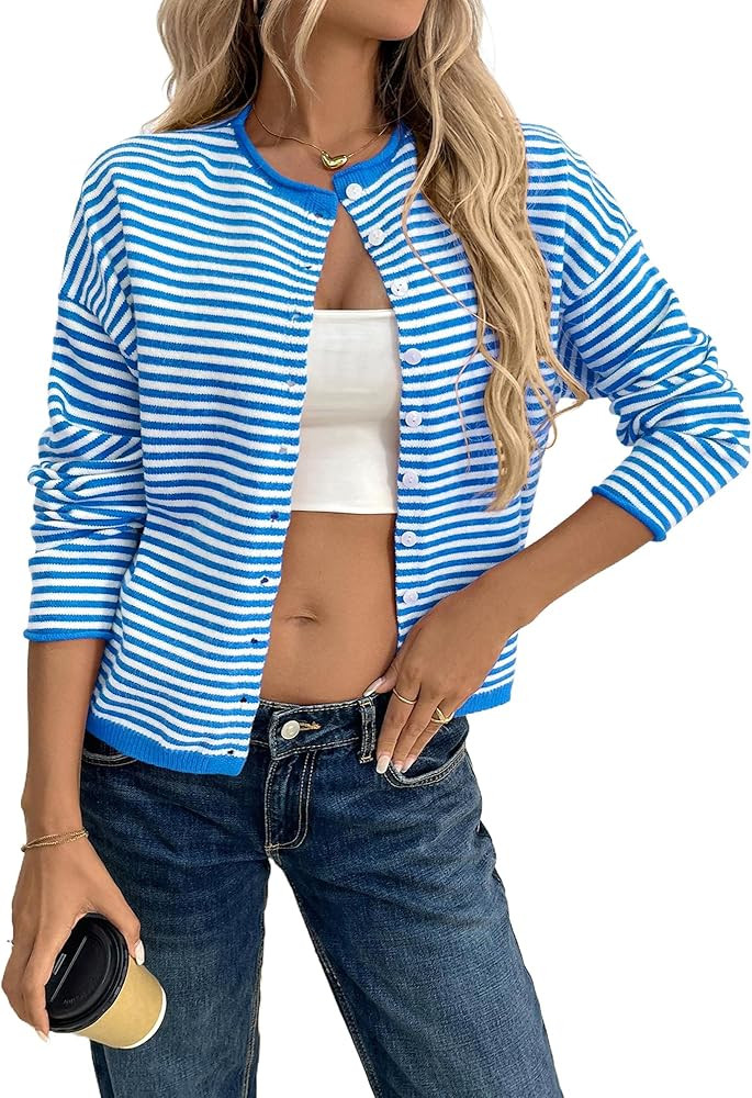 Women's 2025 Fall Casual Striped Long Sleeve Button Up Cardigan Crew Neck Soft Knit Lightweight L... | Amazon (US)