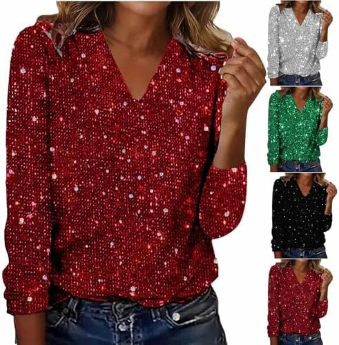 Sequin Tops for Women Long Sleeve Glitter Sparkly Shirts V Neck Dressy Date Night Party Holiday O... | Amazon (US)