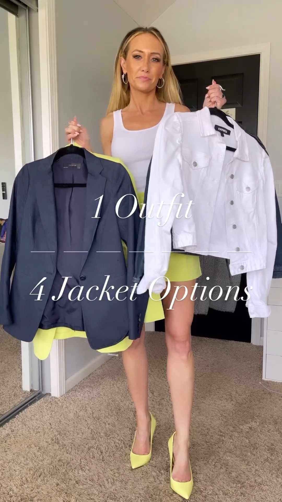 1 Outfit - 4 Jacket Options! Which is your favorite?…..1,2,3, or 4?
Outfit Details....
White Essential Tank Top @amazonfashion
Lemon Classic Pleated Shorts @express
Lemon Pumps @express
4 Jacket Options...
1. Chambray Denim Blazer - old
2. Lemon Double Breasted Blazer ( matches Shorts) @express
3. Cropped Dark Denim Jacket @bananarepublicfactory
4. White Cropped Denim Jacket - old from @express
Follow for more "ways to style"!
blazer, blazer style, jacket, jacket style, jackets, how to style,  how to wear, style, style reels, outfits, outfit reel, style inspiration, style fashion, affordable fashion,  outfit style,  outfit ideas,  #over40style, over30style, chic, chic style, classic style,  classic

#LTKSeasonal #LTKstyletip #LTKFind