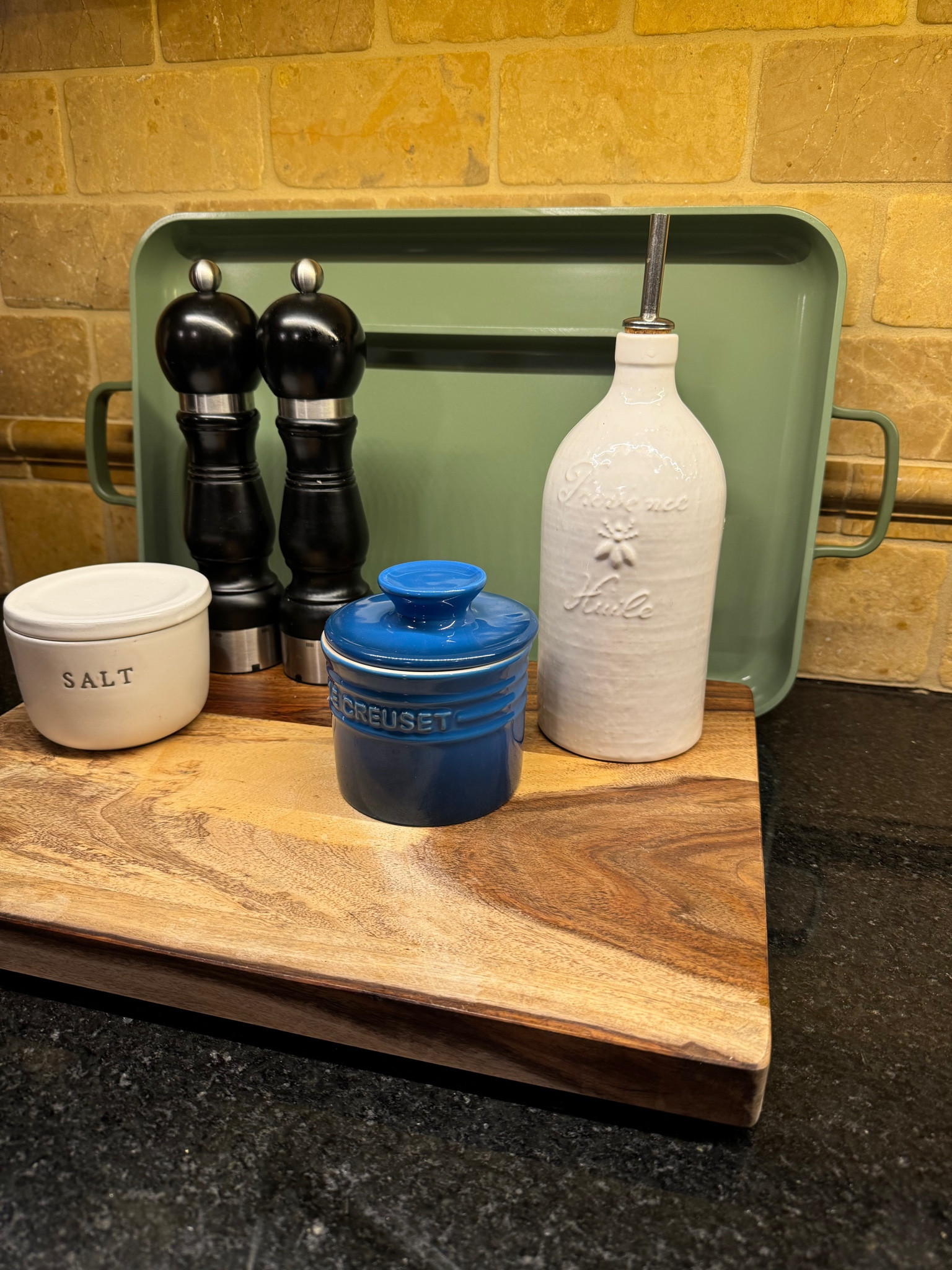 Obsessed with my splash of color
Cutting board  - Walmart 
Olive oil  - Williams Sonoma 
Butter crock  - le cresuet 
Salt  - target
Salt and pepper  - Williams Sonoma 
Baking trays  - our place 

#LTKHome #LTKSeasonal #LTKGiftGuide