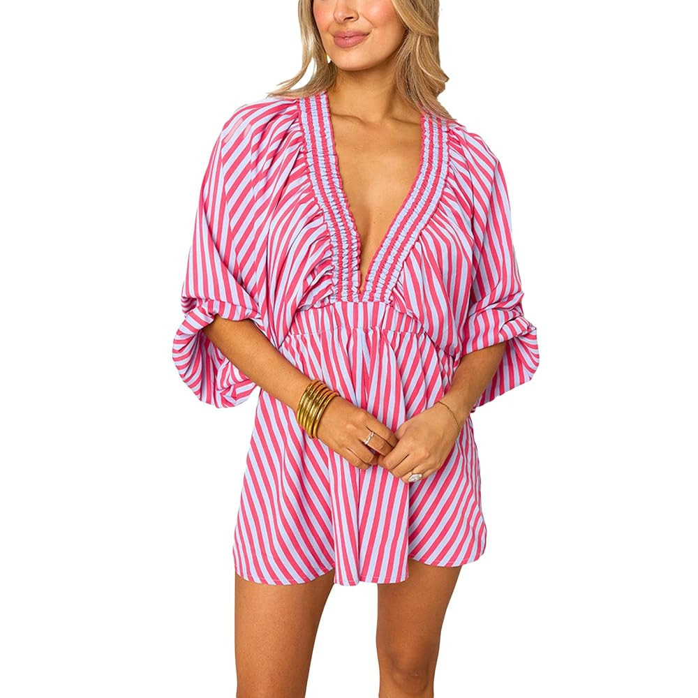 Women Summer Casual Short Tee Romper Deep v Neck Long Puff Sleeve Plaid Playsuit Oversized Jumpsu... | Amazon (US)