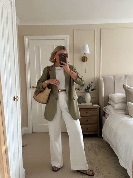 A spring look made from your favourite pieces! White wide leg trouser (I wear w28 reg length), the best white tee (I wear size S), green linen blazer, basket bags 
