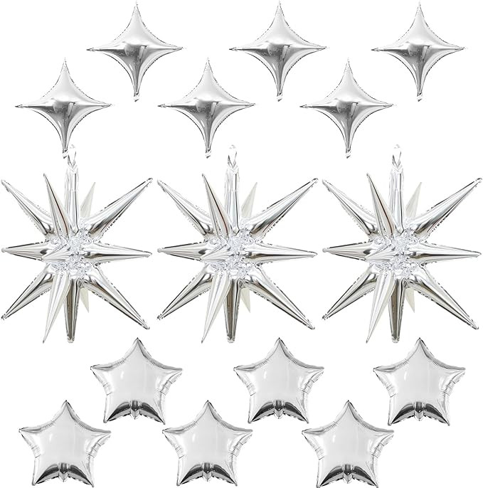 Silver Star Balloons, 22in Large Star Balloons Foil 10in 4-Pointed & Silver Pentagram Balloon for... | Amazon (US)