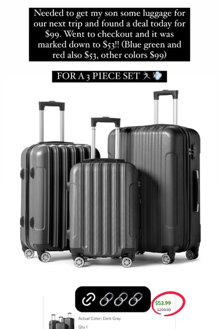 Found a $53 deal on luggage. Color options appears to only be available in certain areas but grabbed some other flash deals for under $100 for a 3 piece set! 

#LTKsalealert #LTKfindsunder100 #LTKtravel