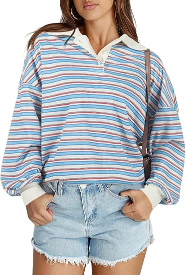 Tankaneo Womens Oversized Rugby Polo Shirts Striped Long Sleeve Collared Tops Y2k Sweatshirt 2024... | Amazon (US)