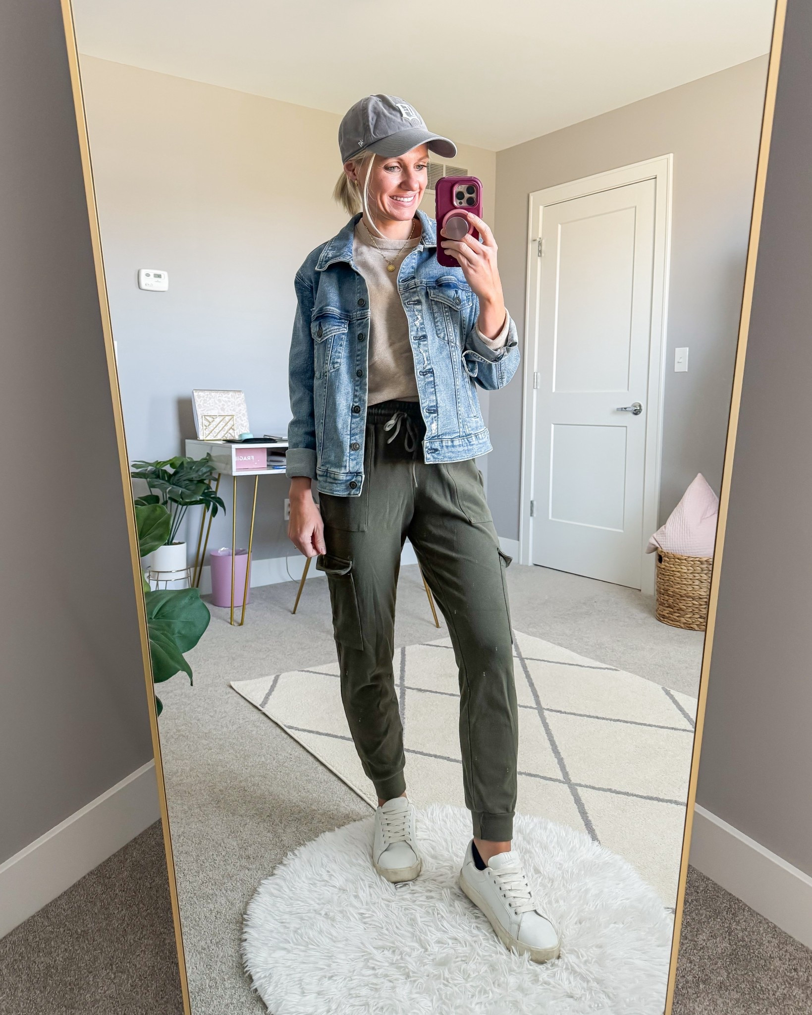 What I wore this week. 
Denim jacket- small
Joggers- xsmall
Sweater- small (this color is not available) 