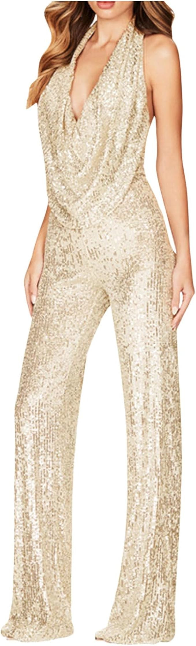 HGps8w Women's Sexy Halter Cowl Neck Sparkly Jumpsuits Clubwear Sleeveless Elegant Sequins Bodyco... | Amazon (US)
