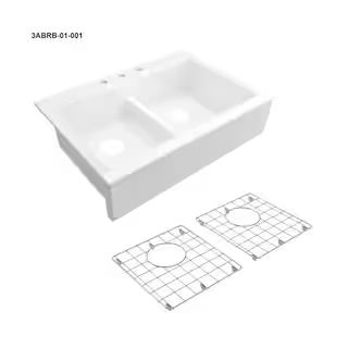 Glacier Bay 34 in. Farmhouse/Apron-Front 3-Hole Double Bowl White Fireclay Kitchen Sink with Bott... | The Home Depot