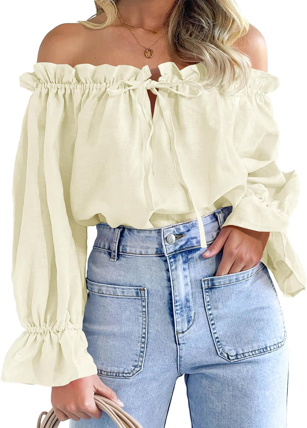 Imily Bela Womens Off the Shoulder Tops Puff Long Sleeve Ruffle Blouse | Amazon (US)