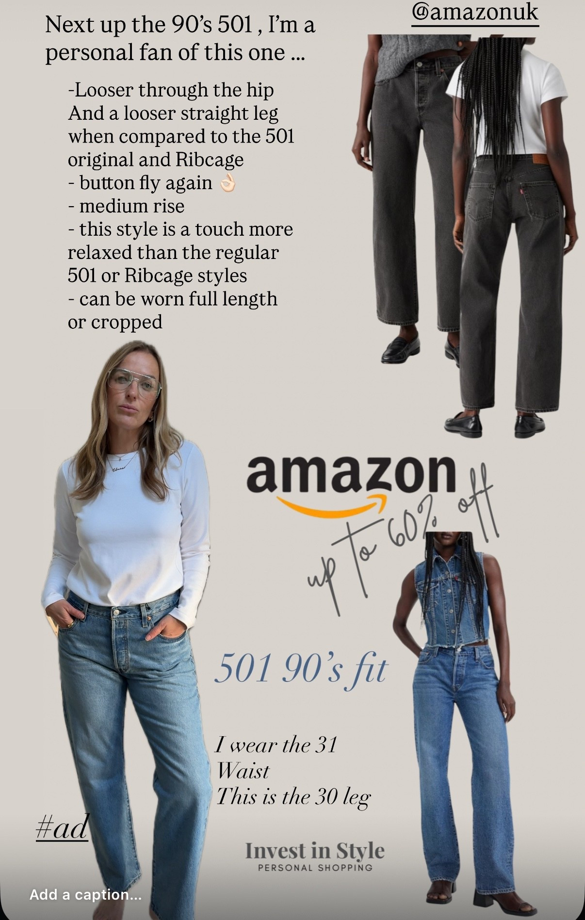 Next up the 501 90s 
If you’re a fan of the regular 501 or 501 crop this one is slightly easier through the hip and leg - the rise is more mid - high 
A great easy everyday denim with the cool factor 👌🏻 ( always sounds in cool saying) I just mean the mat authentic denim vibe 😉 
I wear a 31 waist - you can get them in crop and full length . 
Options linked . 

Ad 
Amazon jeans 
Levi’s 

#LTKCyberWeek #LTKsale #LTKjeans