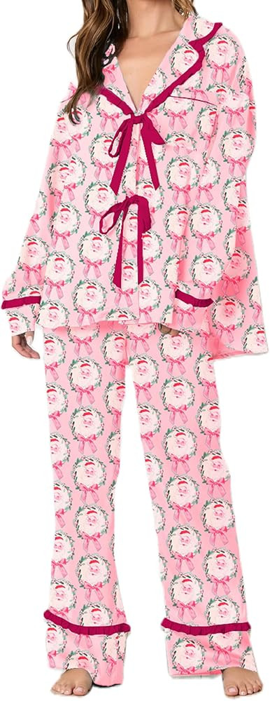 NUFIWI Christmas Bow Tie Front Pajamas for Women Cute Print Long Sleeve Shirts Pants 2 Pieces Xma... | Amazon (US)