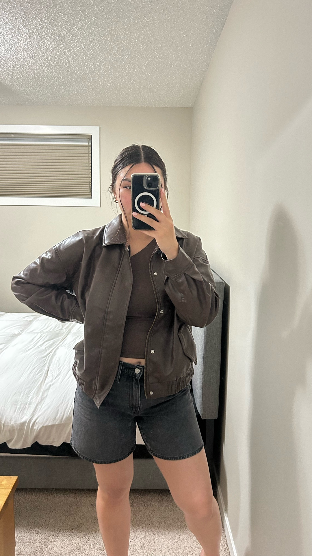 Leather jacket // double lined top // jean shorts 
.
I am wearing the leather jacket one size up, I would size up by two sizes thoughh

#LTKstyletip #LTKcanada #LTKsale